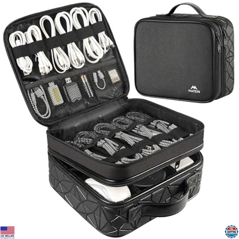 Waterproof Cable Organizer Bag, Double Layer Tech Storage with Adjustable