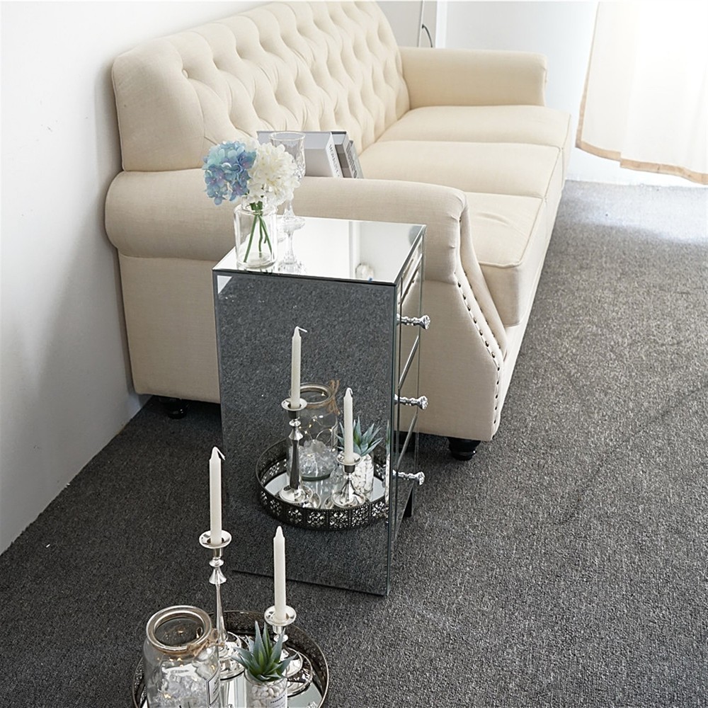 Mirrored Glass Bedside Table with Three Drawers Size S