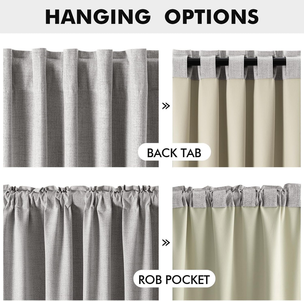 100% Blackout Linen Curtains Greyish White Solid Decor Thermal Insulation