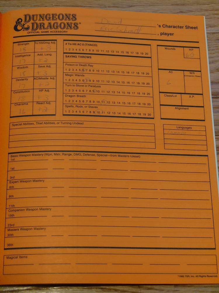 AC6 Player Character Record Sheets - Dungeons and Dragons (first print)