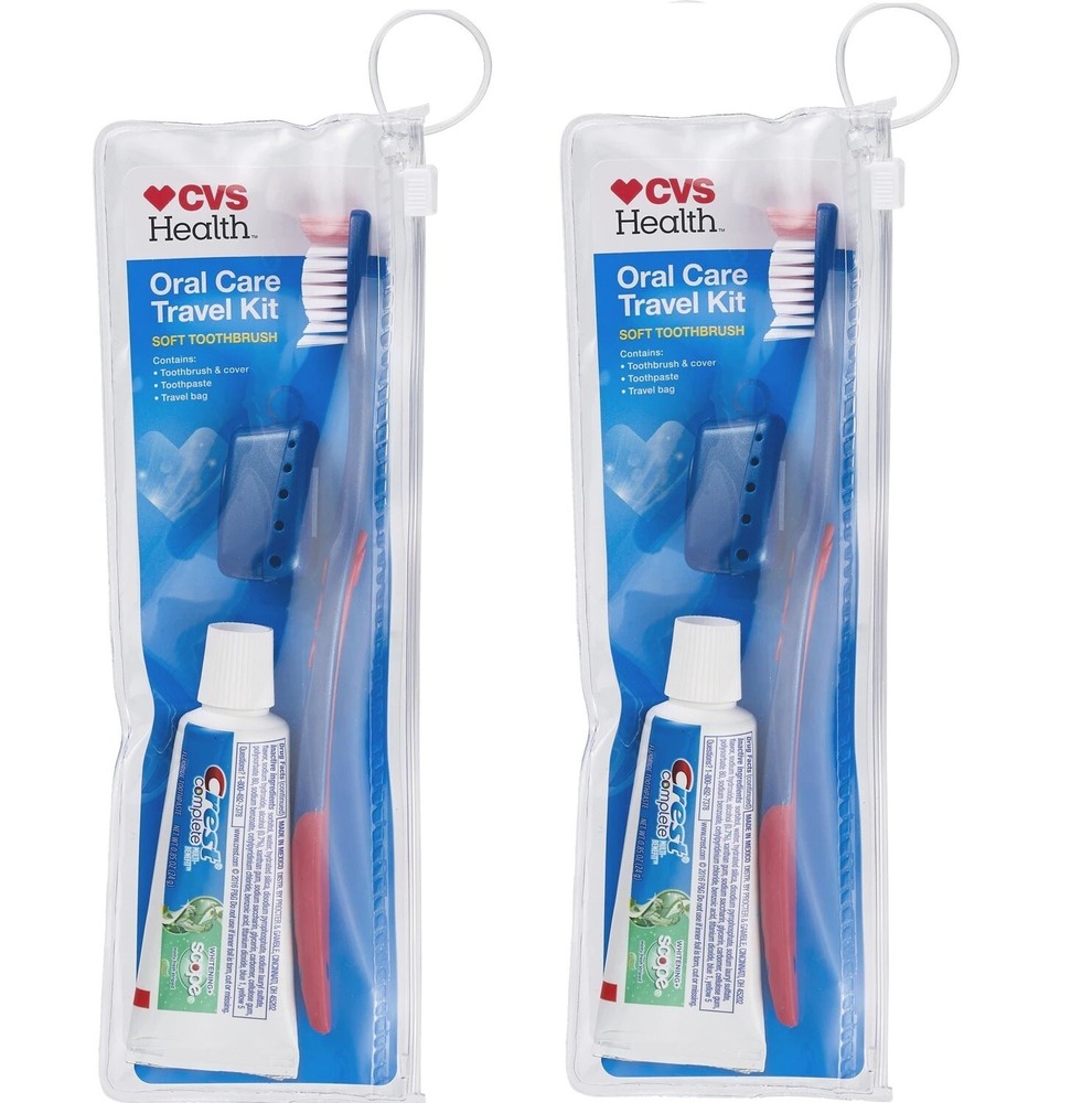 CVS 2-Pack Travel Kits, Toothbrush + Cap, Toothpaste / Case with Zip-Lock