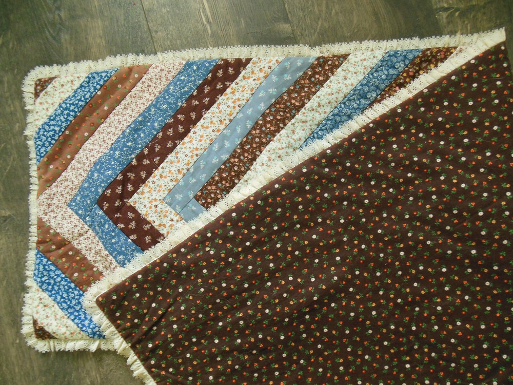 Hand Made Quilted Table Runner, Lace Edging, Reversible - 43"x13"