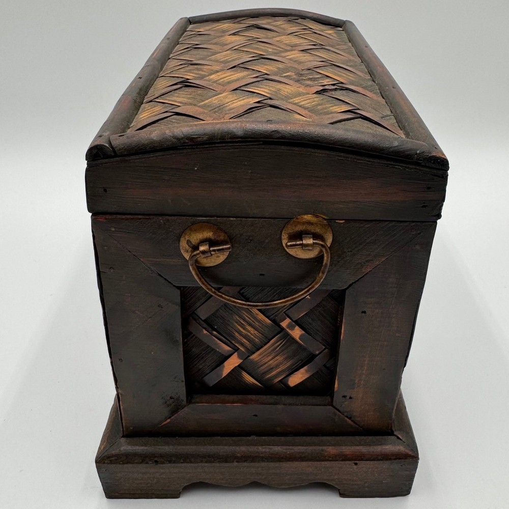 Vintage Woven Panel Wooden Chest Metal Accent Rustic Storage Keepsake Box Rustic