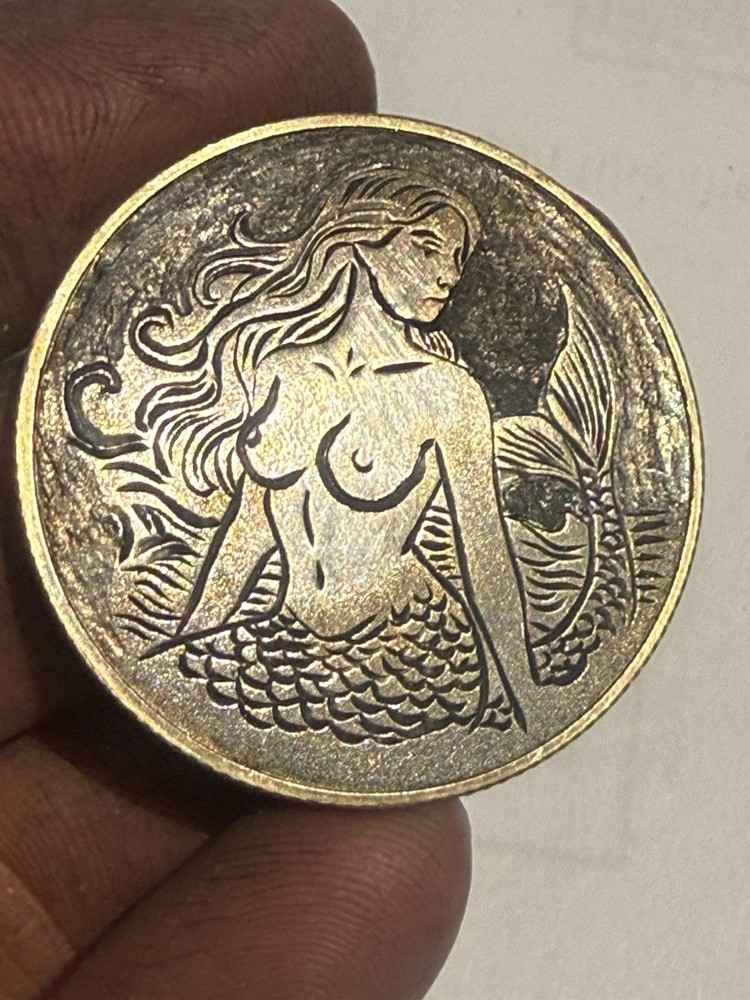 Hand Engraved Mermaid Disc 40mm Brass