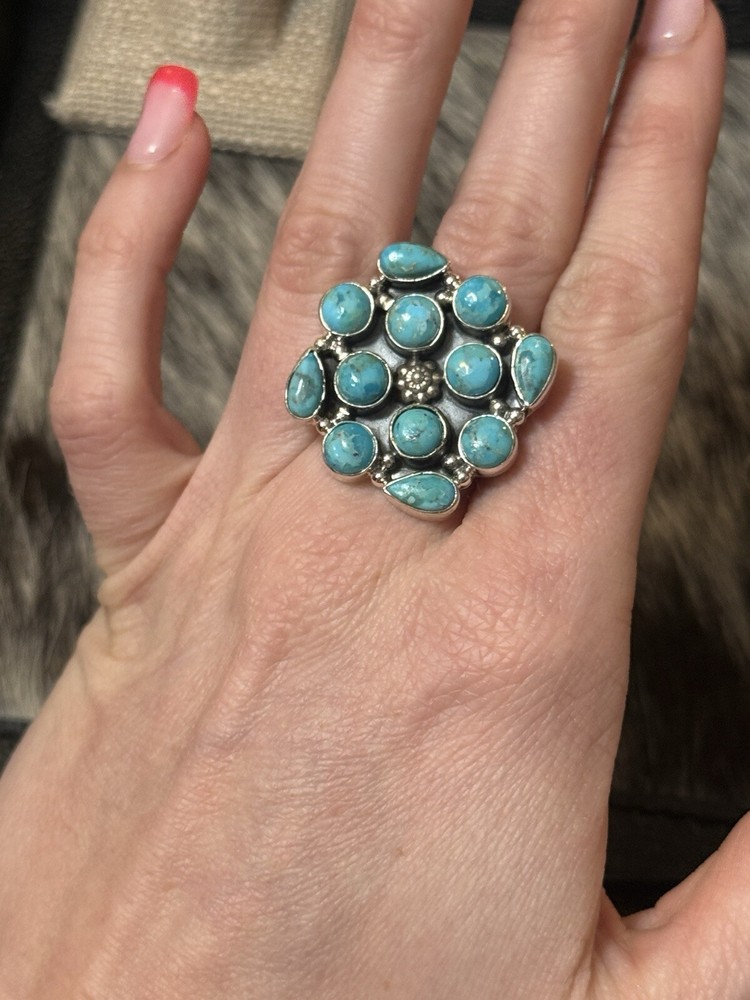 Native Southwest Sterling Silver Blue Turquoise Cluster🩵💙 Ring Adjustable
