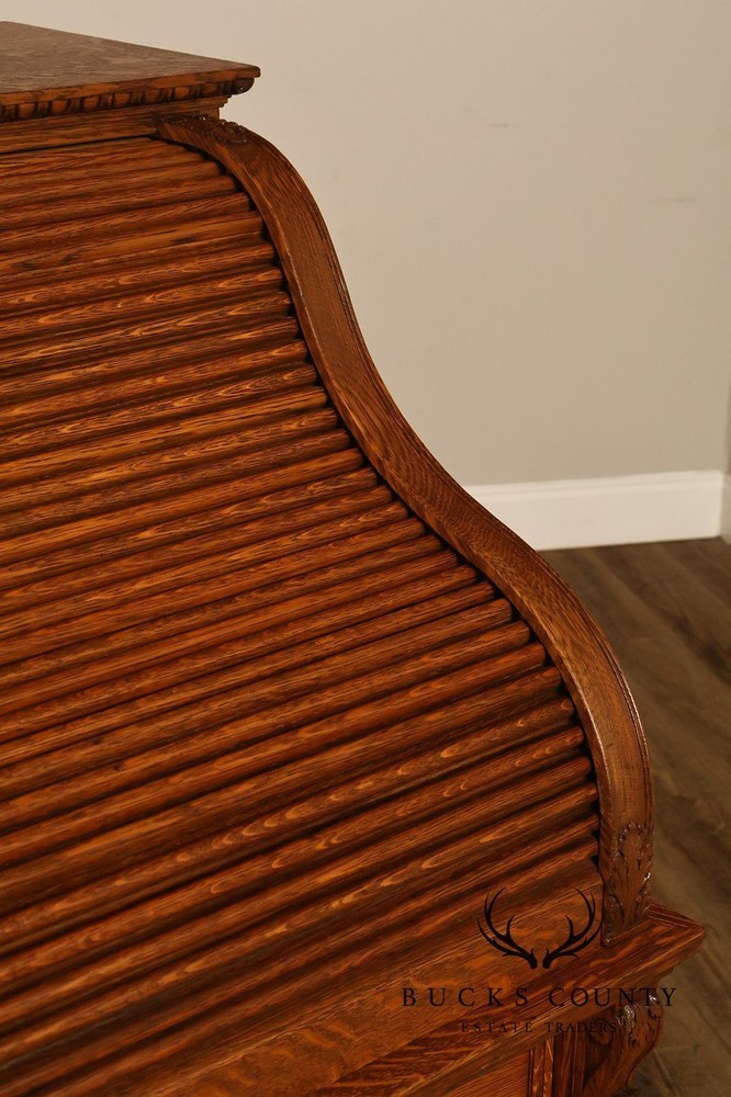 Oak Roll Top Desk With Carved 'Reading Hardware Co." Crest Panel
