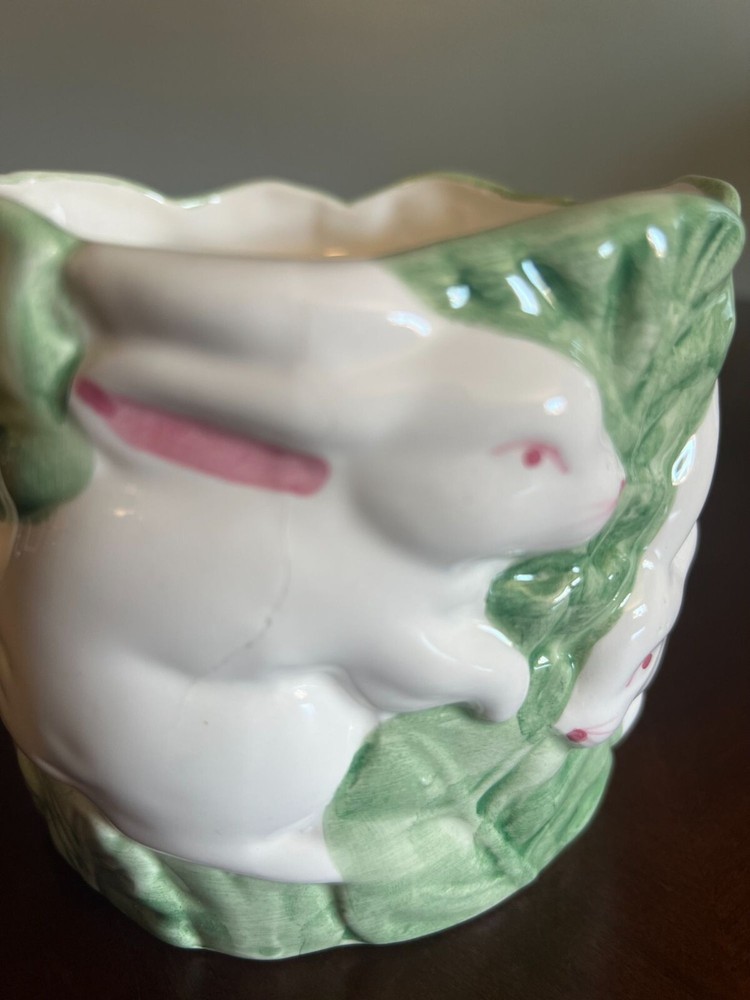 Vintage Ceramic Rabbit Planter/ candy dish cabbage Leaf C pic 4 easter decor