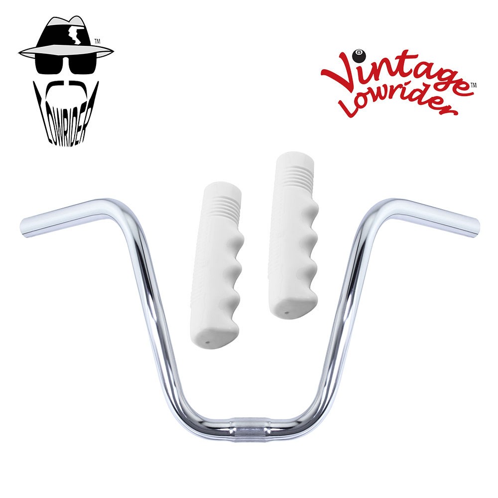 Original Lowrider 9" 25.4 D Handlebar Chrome 120mm Grips Solid/White