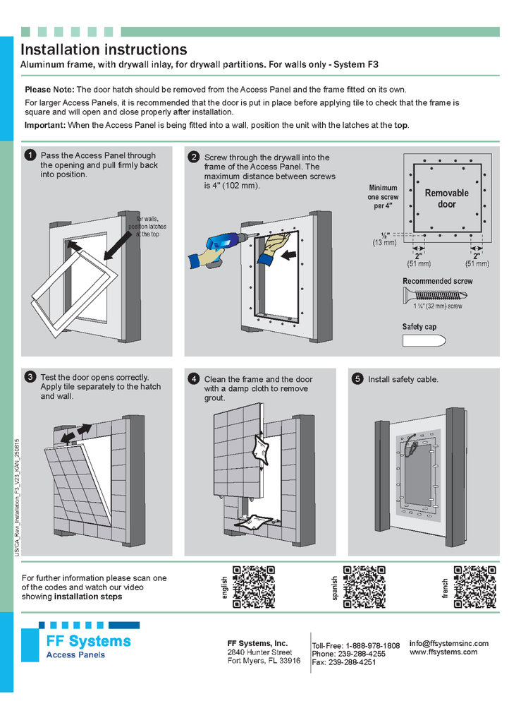 System F3 - Access Panel | Removable | Tile Application (½" Drywall, 8" X 8")
