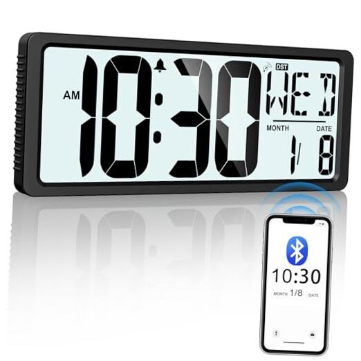 Backlight Digital Wall Clock Battery Operated with Bluetooth Time Sync/No Black
