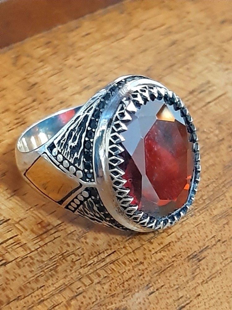 Men's Ring 925 Silver Ruby Solitaire Carniola Pirate Ring Man Sterling Ruby