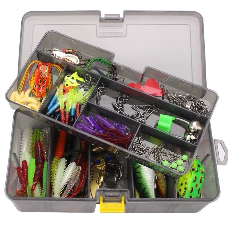 Plastic Tackle Box Hard Case Gray with Lures and Compartments