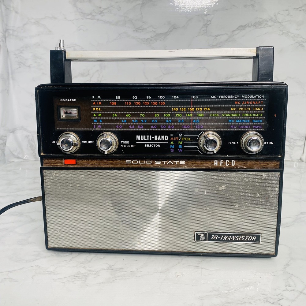 Vtg Solid State 18 Transistor Radio AFCO Works SEE VIDEO Multi-band Leather Case