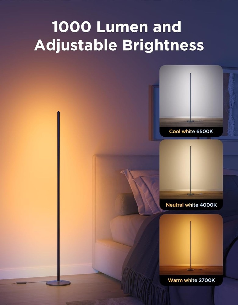 RGBIC Floor Lamp Basic, 1000lm LED Corner Lamp Compatible with SmartThings, A...
