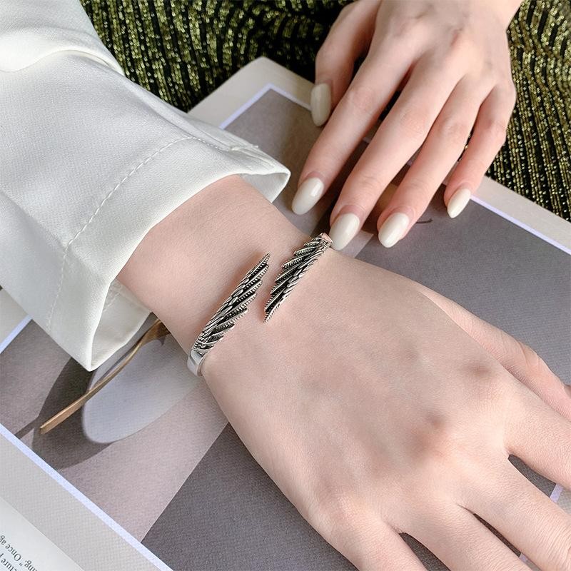 Bracelet Retro Thai Silver Feather Bangle 925 Sterling Silver Trendy Wing Open