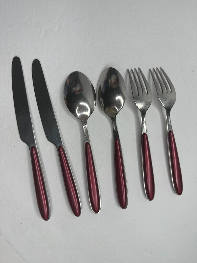 Red handle Stainless Flatware Replacement 6 Pc Pearlized Burgundy Resin