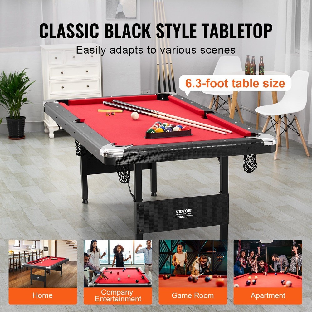 Billiards Tablewith Balls, Cues 6.3 ft Pool Table, Foldable Space-Saving Table
