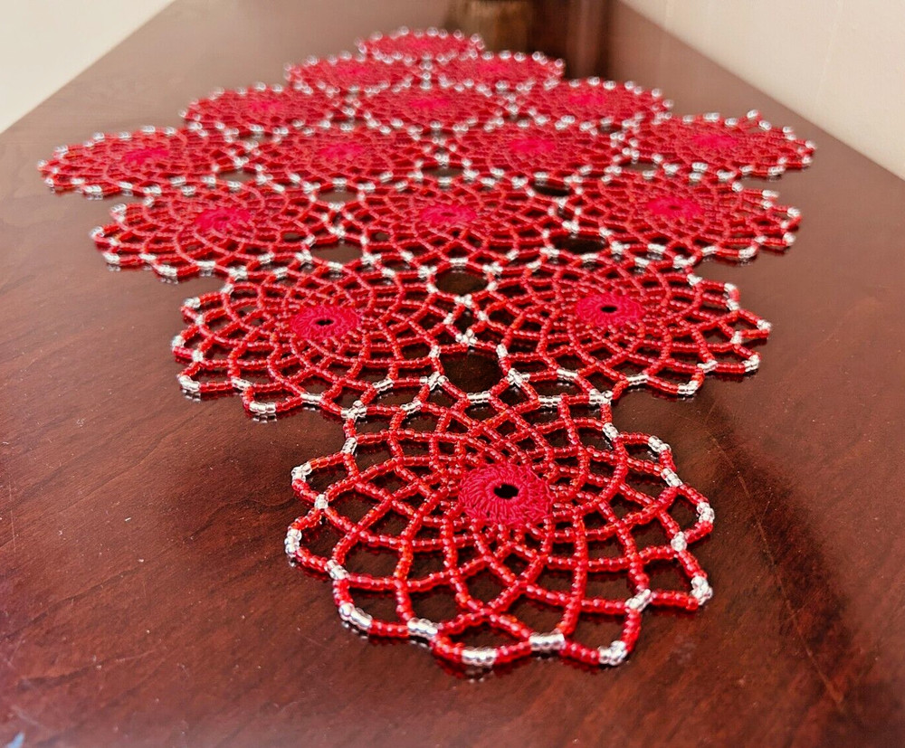RED & SILVER CROCHET BEADED DOILY 25"/16" Handmade
