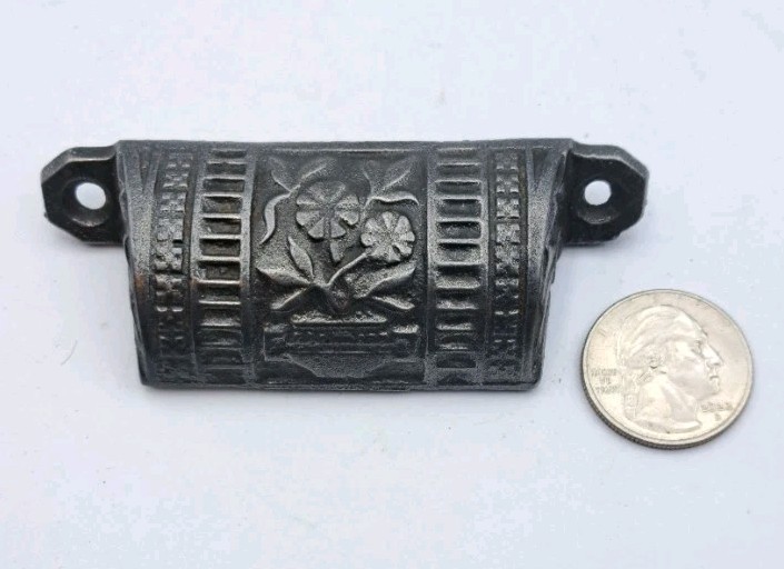 Antique Bin Pull of Flowers Drawer Pull Old Vintage Cast Iron Handle Hardware