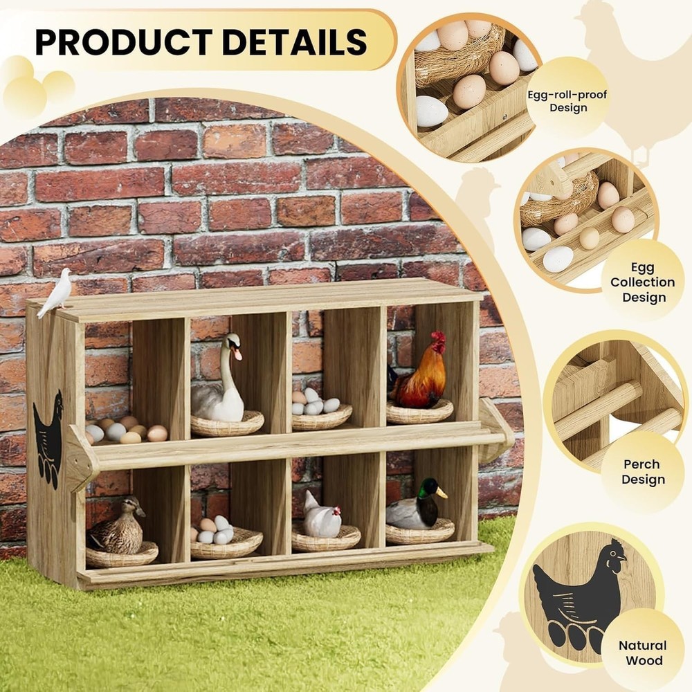 Chicken Nesting Box, 8 Compartment Wooden Nesting Boxes for Chickens with Per...