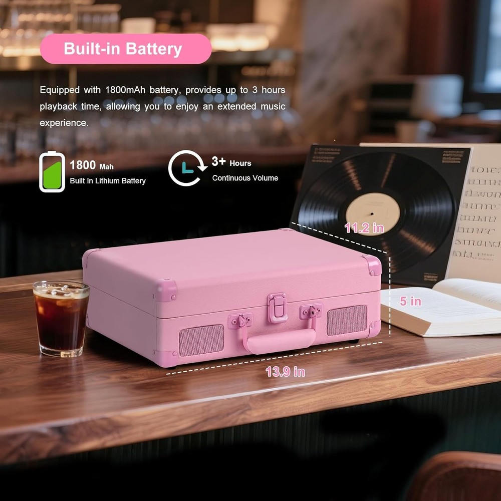 Rechargeable Battery Vintage Suitcase Record Player with Bluetooth Connectivity