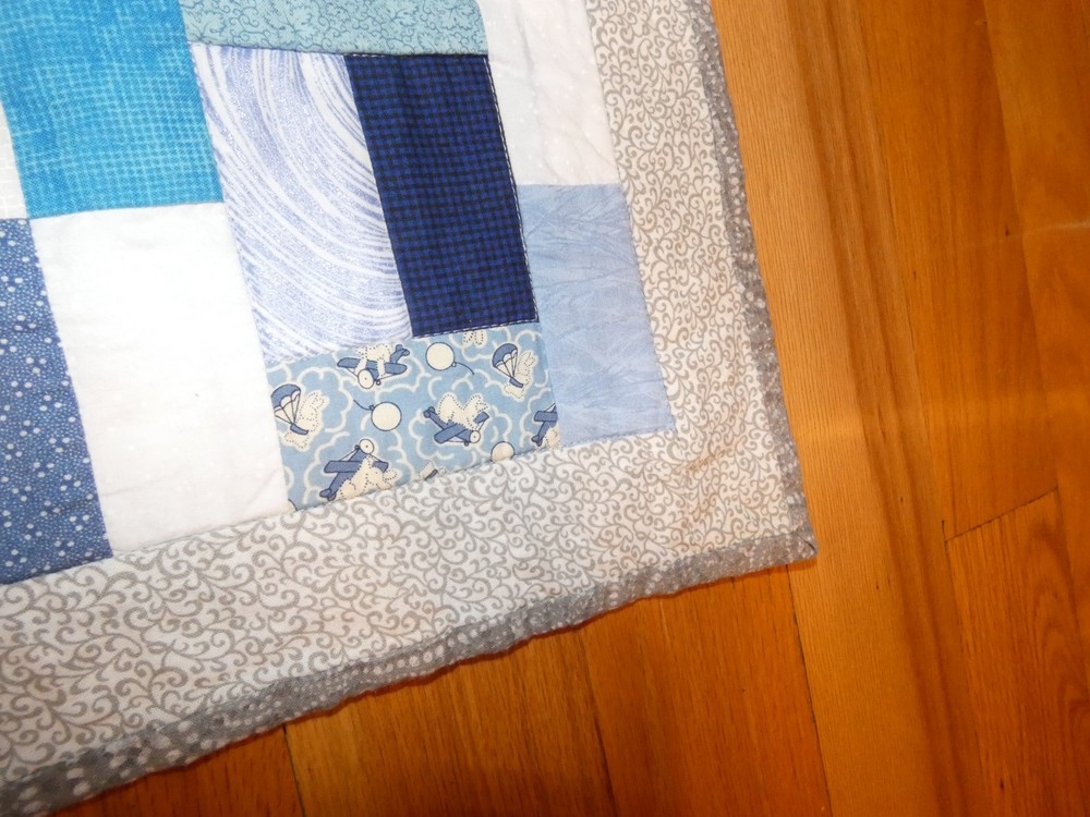 Blue Rectangles Handmade Quilt Pieced Child Prints 33 x 39"