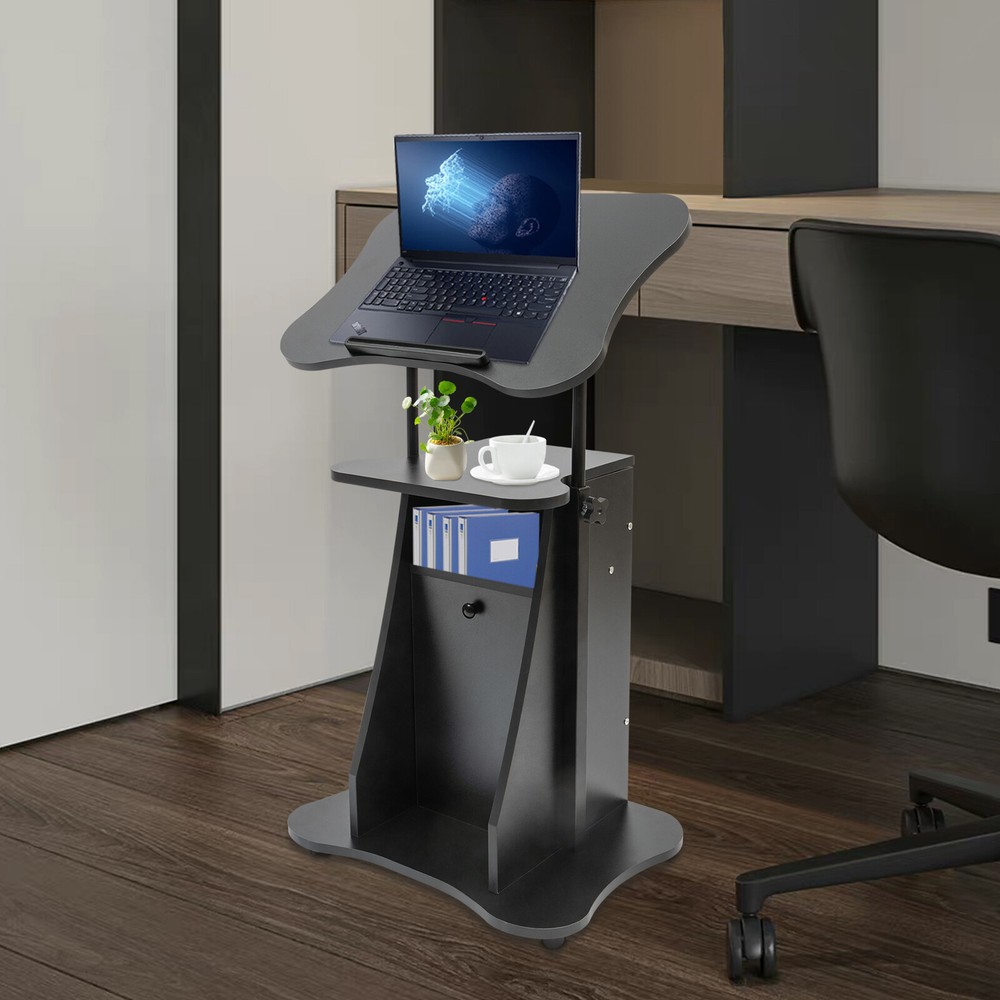 Height Adjustable Mobile Laptop Podium with Tilting Desktop & Storage