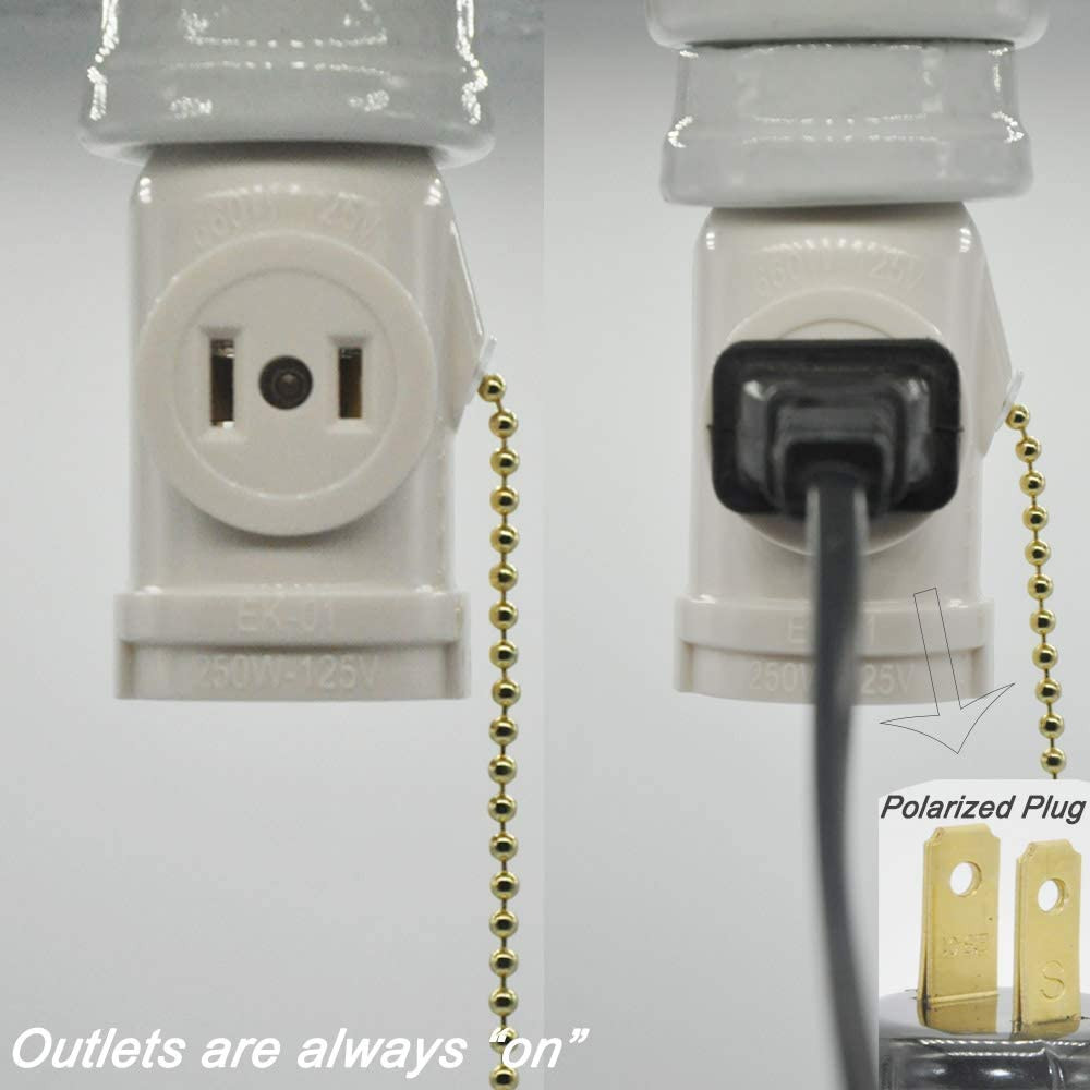 2 Outlet Light Socket Adapter with Pull Chain Switch White Medium Screw 2 Pack