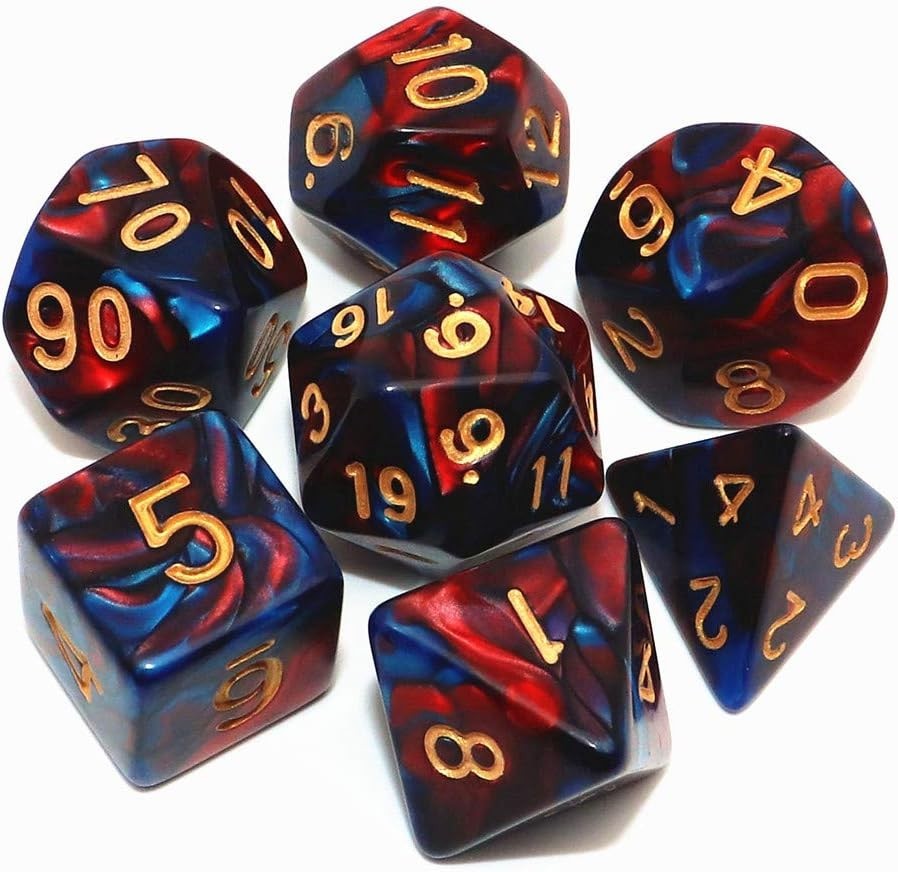Versatile Red and Blue D&D Polyhedral Dice Set with Convenient Storage Bag
