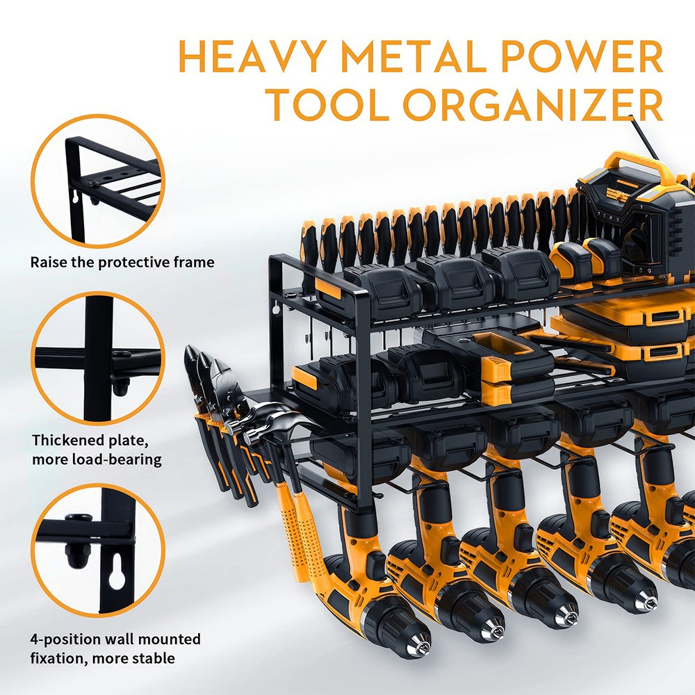 Power Tool Organizer 7 Drill Holder 3 Layer Wall Mount Storage Rack Steel Holder