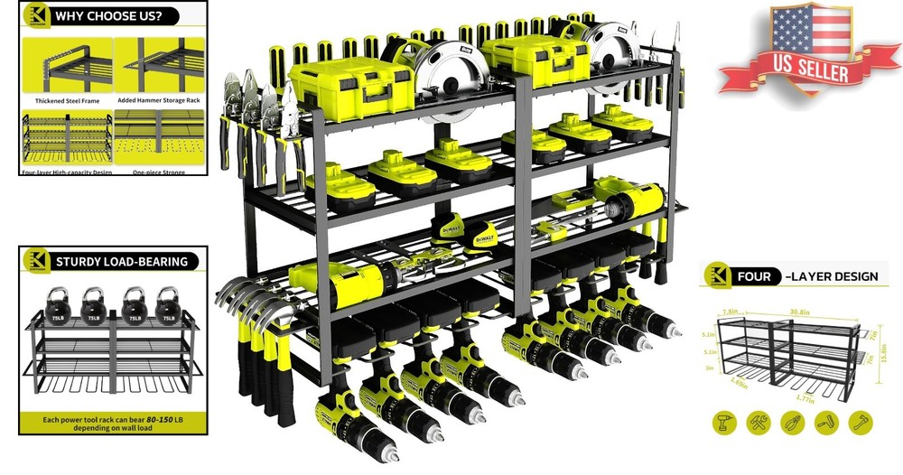 Power Tool Organizer - 4 Layer Garage Tool Storage Rack with Drill Holder