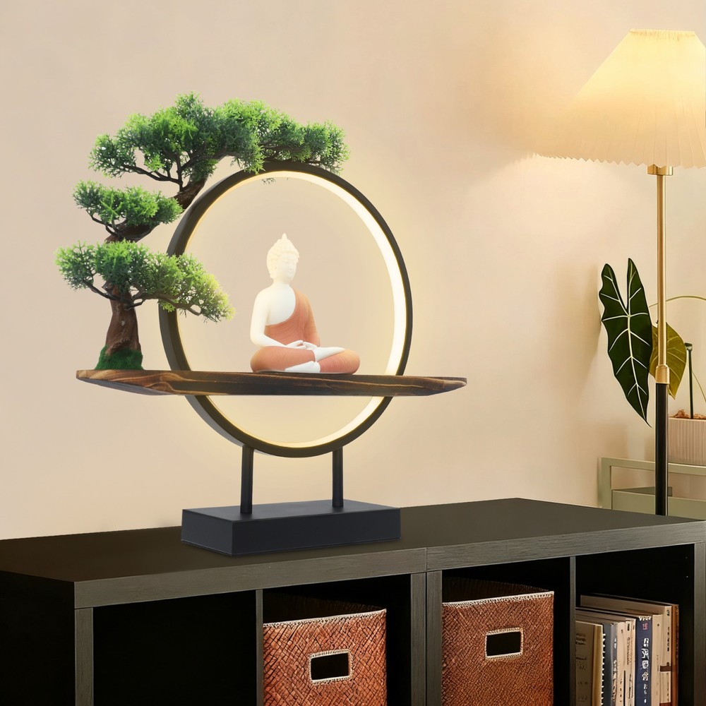 Desktop Decorative Buddha Statue Ornament With LED Circle Lamp+Artificial Tree