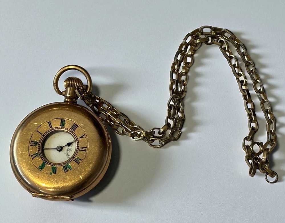 Gold Plated Half Hunter Pocket Watch & Chain.