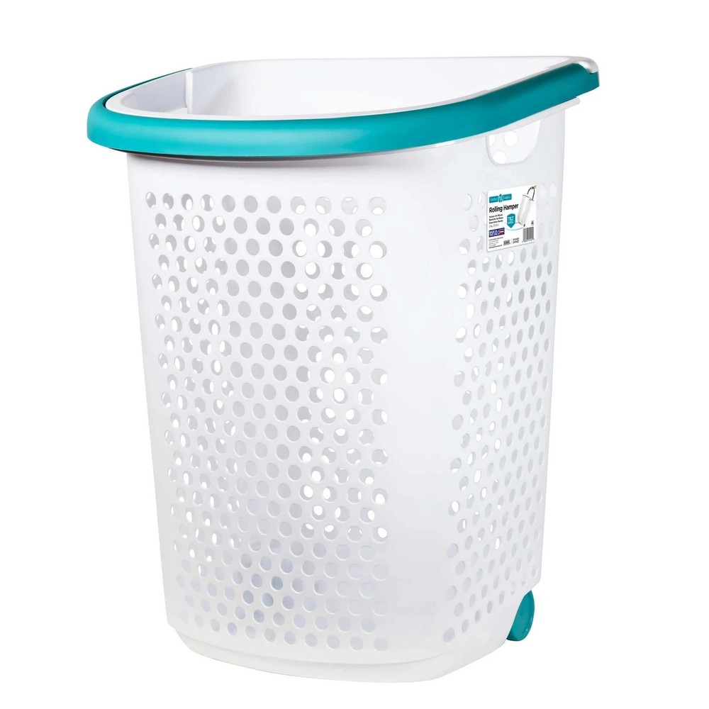 Home Logic 2 Bushel Rolling Plastic Laundry Hamper with Pop-up Handle, White