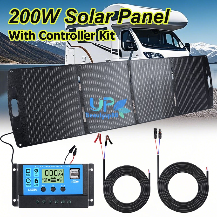 Solar Panel 100W 200W Foldable w/Solar Battery Charge Controller For RV Off-Grid