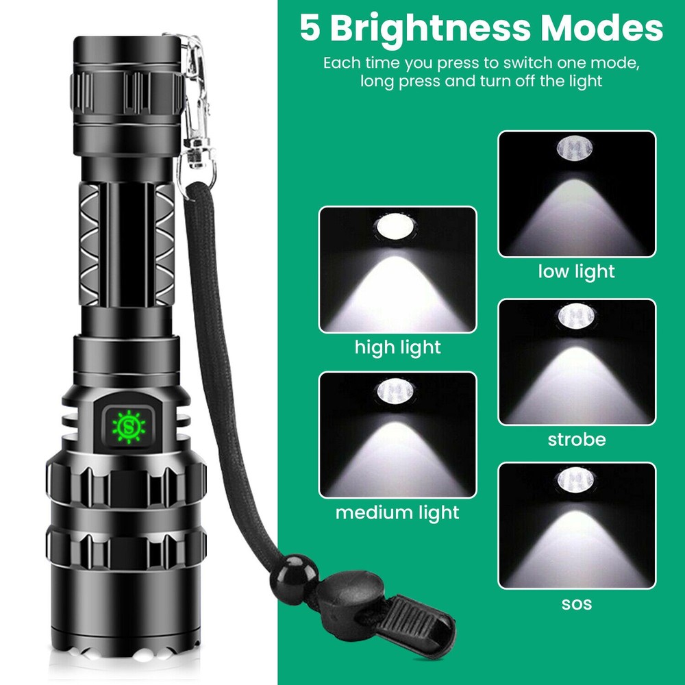 Rechargeable Tactical Flashlight Picatinny Rail Mount 3Modes Zoomable Flashlight