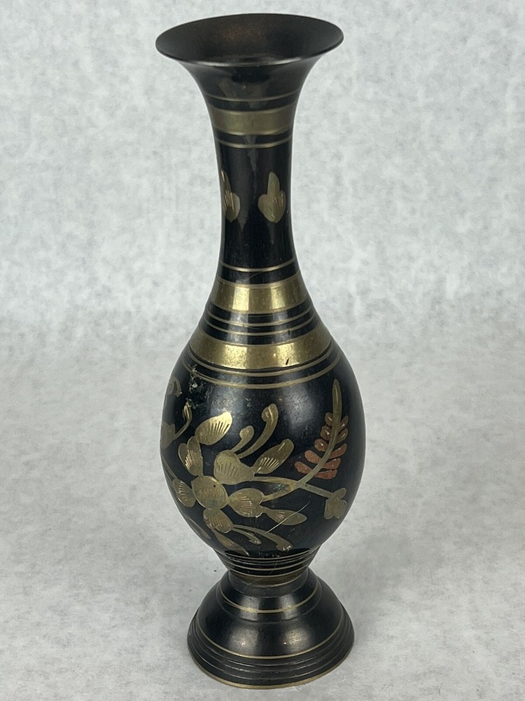 Handmade Solid Brass Vase 8” Tall Black Etched Design Made In India