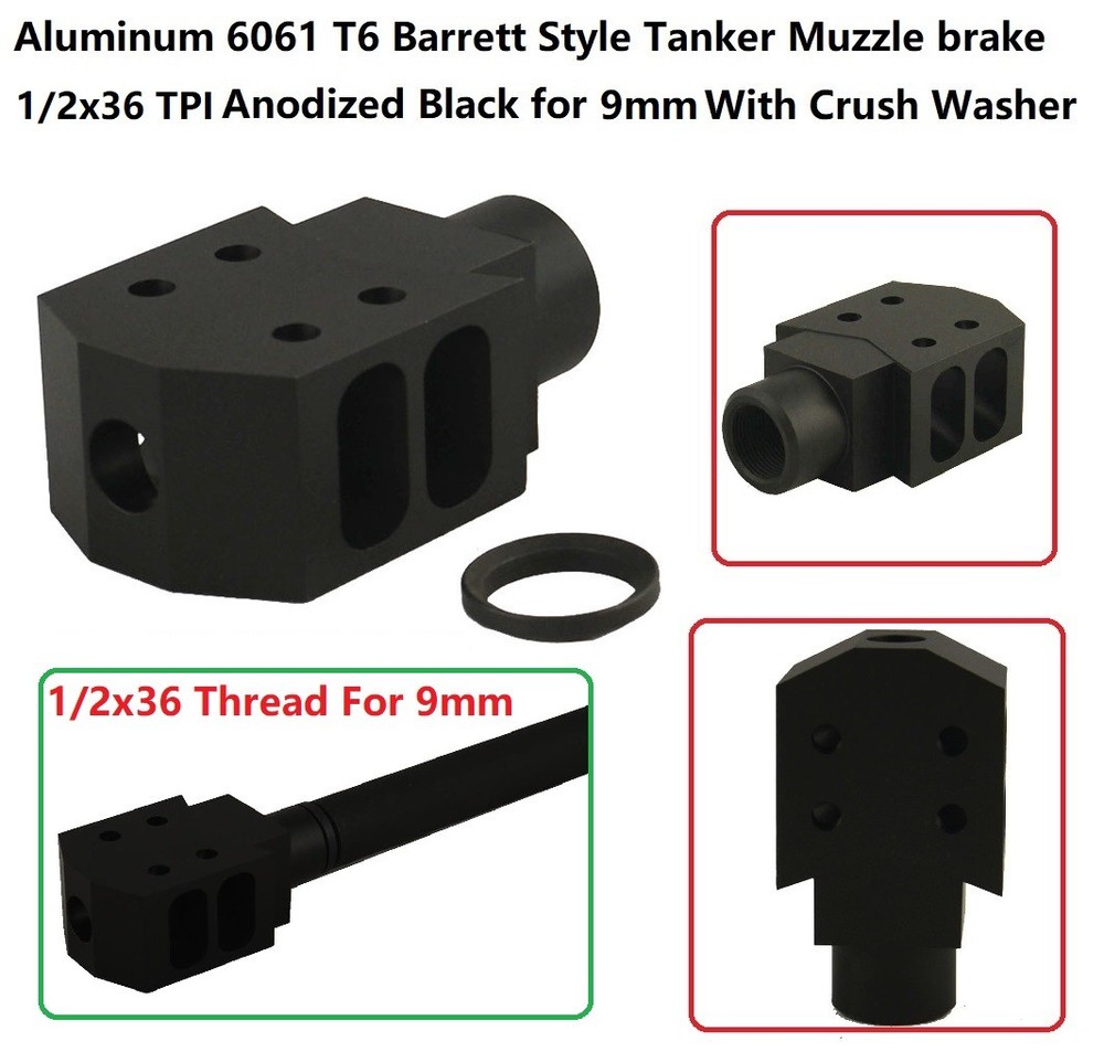 1/2x36 TPI Threaded Tanker Style Muzzle Brake For 9mm Aluminum Anodized Black