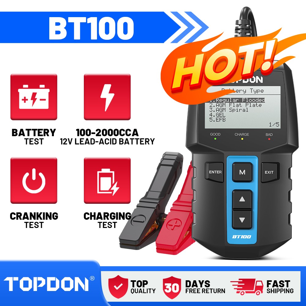 🔋 TOPDON BT100 Digital Battery Analyzer 12V Car Battery Load Tester 100~2000CCA