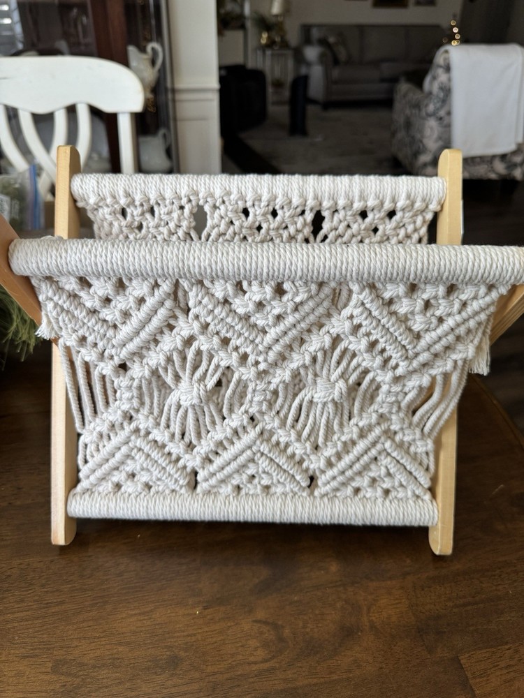 Boho Macrame Beige Cotton/Wood Foldable Magazine Rack