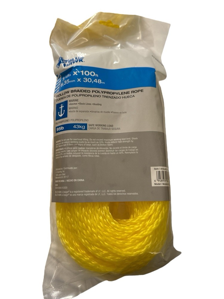 Blue Hawk 100’ X 1/4” Yellow Hollow Braid Poly Rope NIP