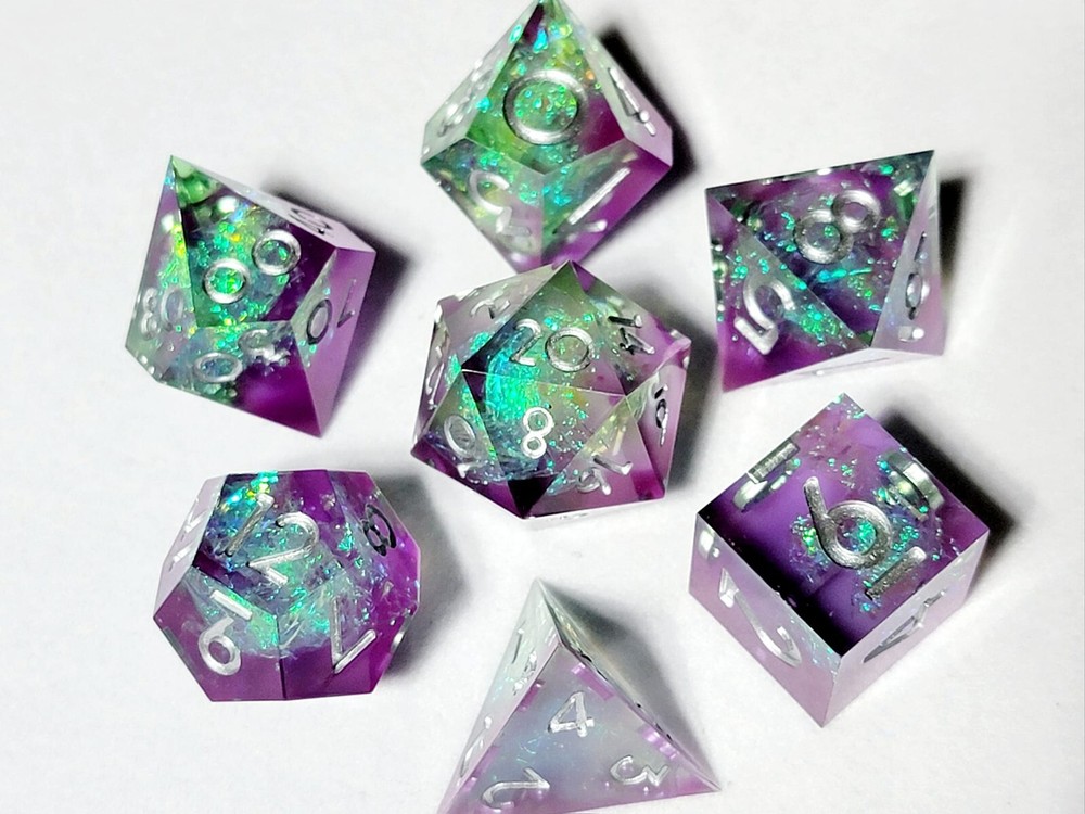 Purple Green Cosmos Sharp Edge DnD Dice Precision 7 Dice Set - Polyhedral RPG Dn