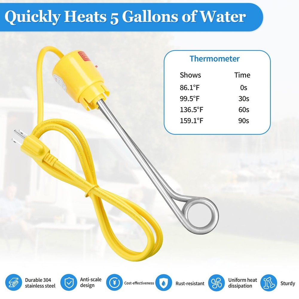 1000W Immersion Water Heater Portable Bucket Heater with 304 Stainless Steel ...
