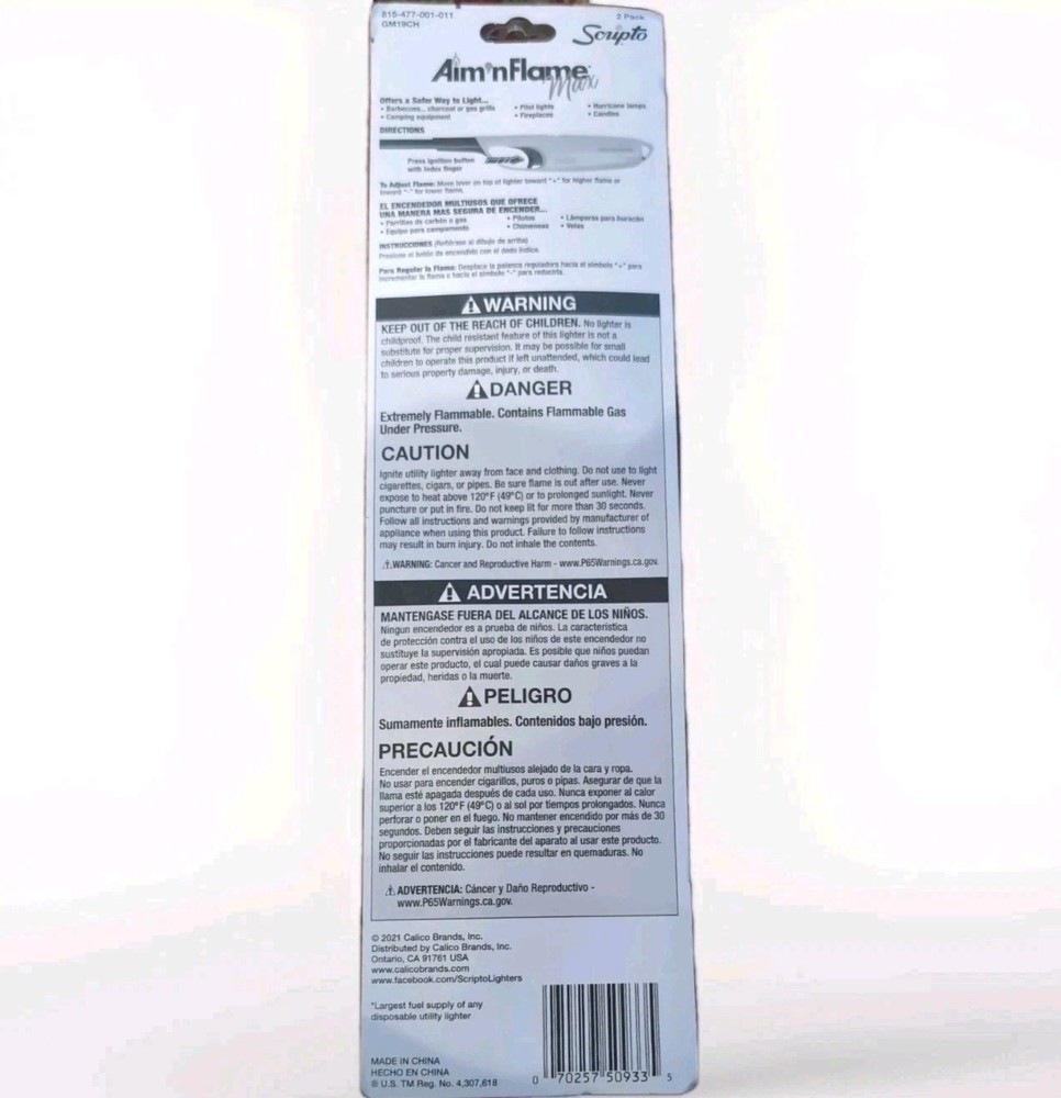 2 Pack Aim ‘n Flame Lighters by Scripto for BBQ, Camping, Candles, Fire