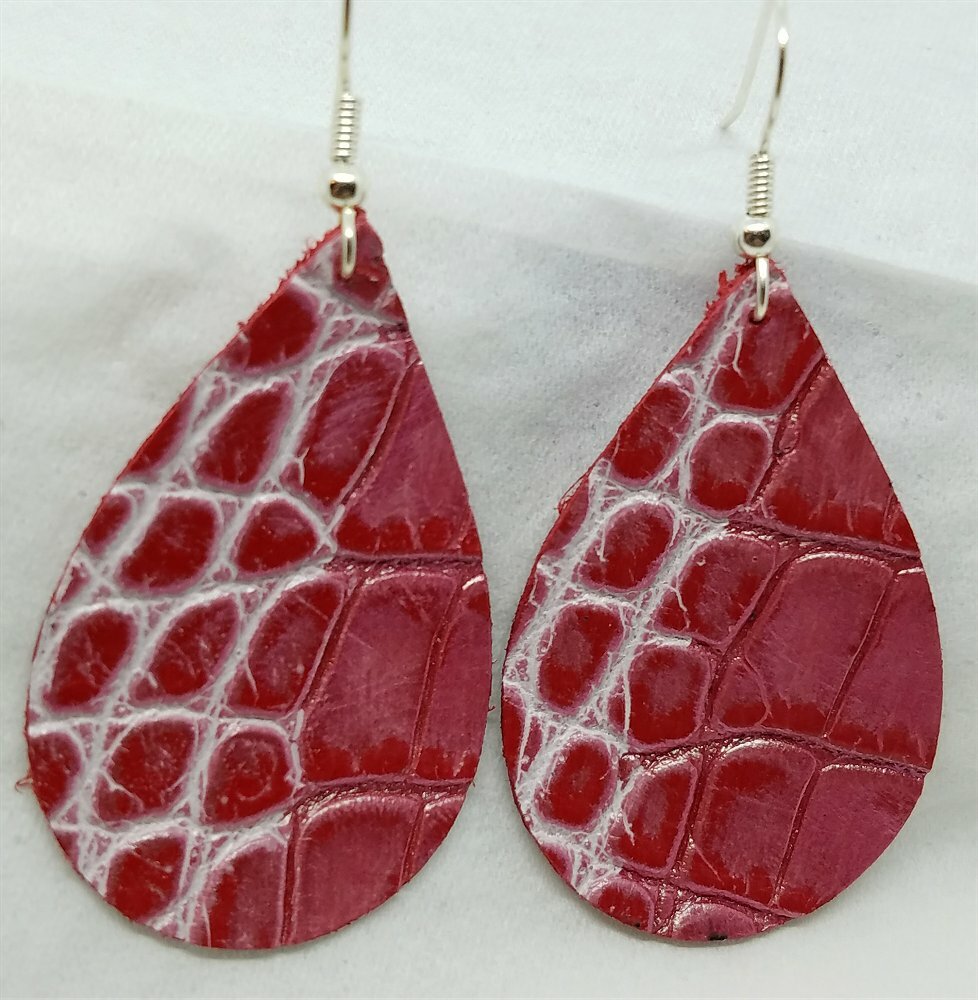 Red Embossed Tear Drop Shaped Leather Earrings with Silver Highlighting