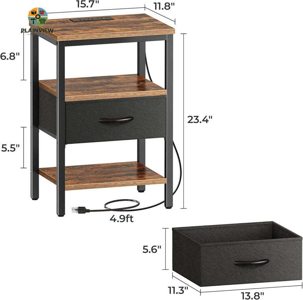 Nightstand with Charging Station, Bed Side Table with Adjustable Fabric Drawer,