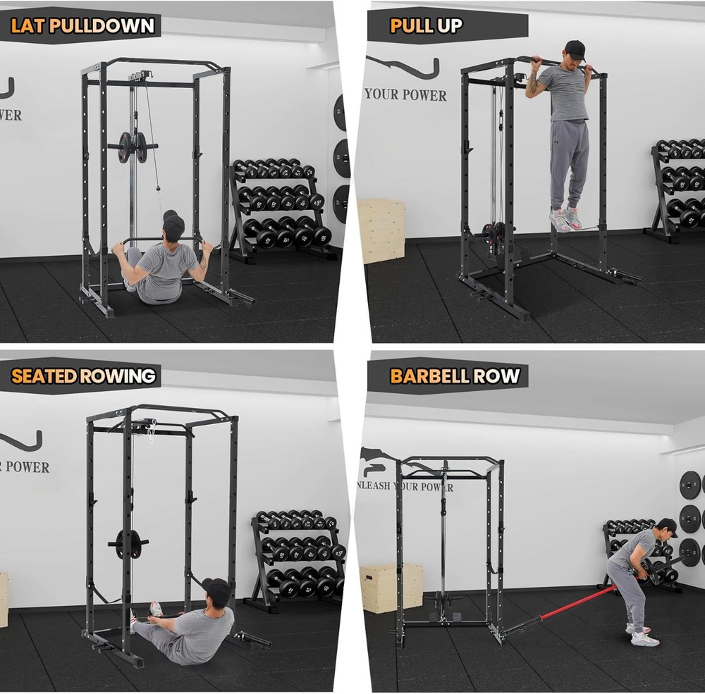 Power Cage with LAT Pulldown, Multi-Functional Power Rack with J-Hooks