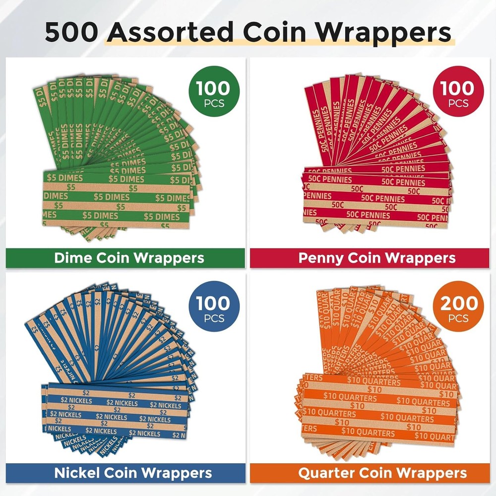 Coin Wrappers Assorted 500 Flat Stripped Roll 500 Assorted, 500 Pcs