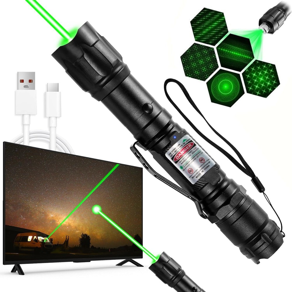 Green Laser Pointer High Power Pen - Long Range Rechargeable Laser Beam, USB-...