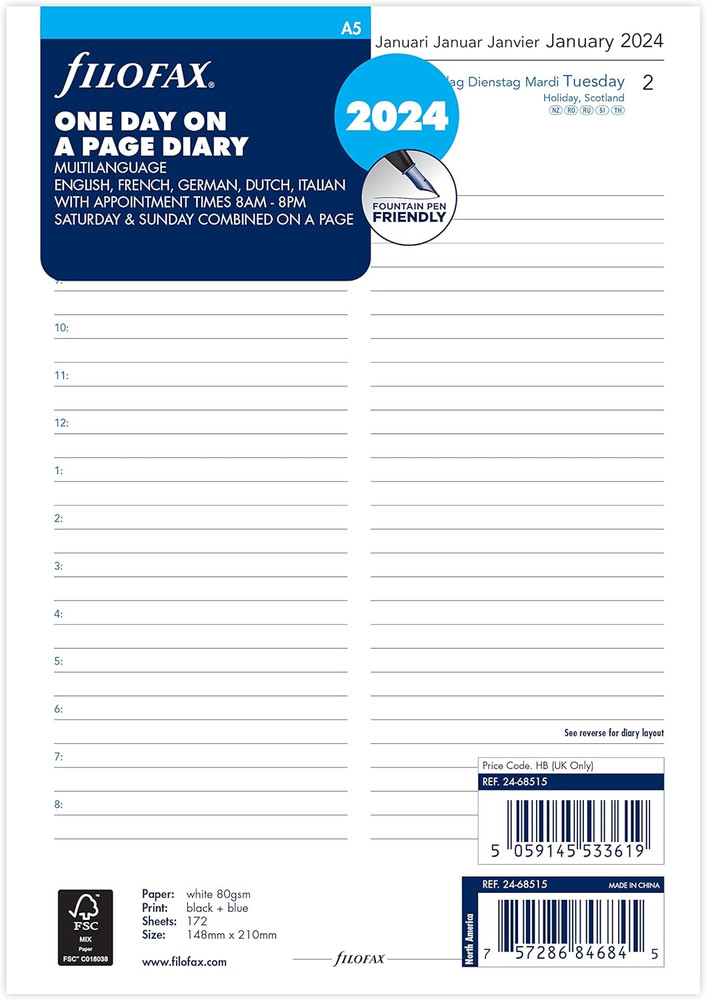 A5 Day per Page 5 Language Appointments Diary - 2024, White